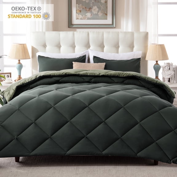 Yalamila Queen Size Comforter Set 3-Piece All-Season Down Alternative Reversible Comforter Set,Sage Green,200GSM Cooling Quilted Duvet Insert,95 GSM Soft Cover Bed in a Bag