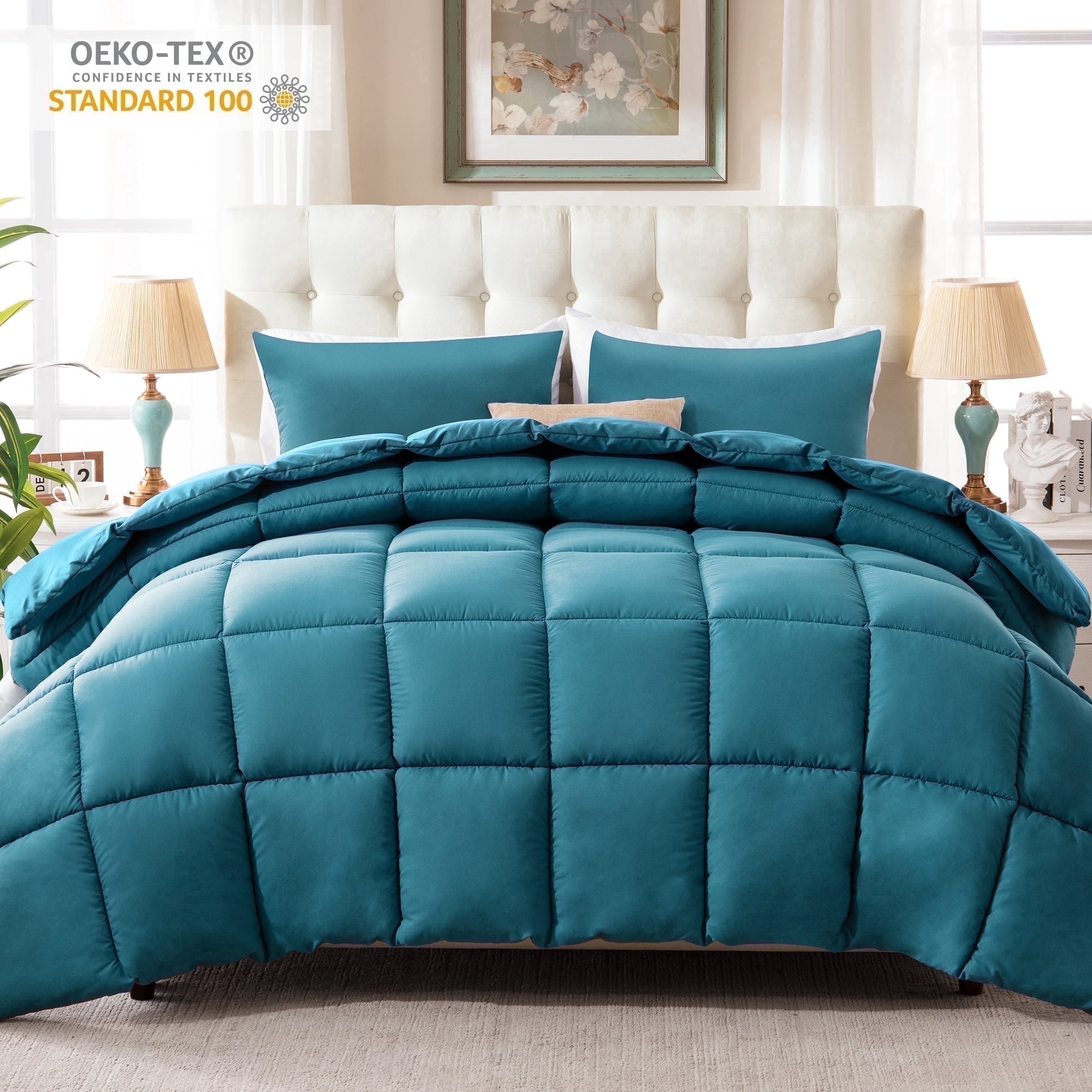 Yalamila Queen Size Comforter Set 3-Piece All-Season Down Alternative Reversible Comforter Set,Teal,200GSM Cooling Quilted Duvet Insert,95 GSM Soft Cover Bed in a Bag