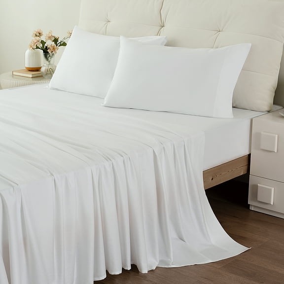 Yalamila Bed Sheet Set Hotel Style Ultra Soft 300T 4-Piece 100% Cotton Deep Pocket Bedspreads & Pillowcases, White, King