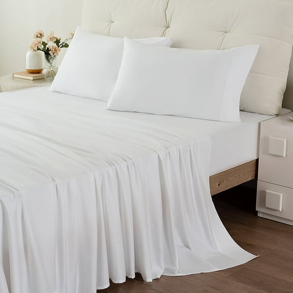 Yalamila Bed Sheet Set Hotel Style Ultra Soft 300T 4-Piece 100% Cotton Deep Pocket Bedspreads & Pillowcases, White, Queen
