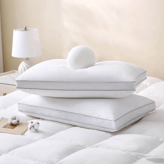 Yalamila Goose Feather Down Pillows Queen Size Set of 2, Gusseted Support Pillows with 100% Cotton Cover, Luxury Breathable Sleeping Bed Pillows for Side, Back or Stomach Sleeper (White, 20"x30" )