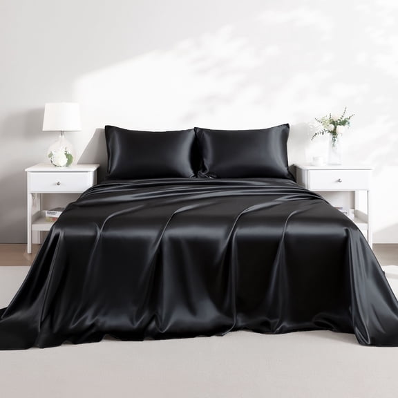 Yalamila Satin Sheet Set Queen Size, Black 4 Pcs, Luxury Cooling Silky Soft 4 Pieces Bed Sheet Set with Deep Pocket Fitted Sheet, Flat Sheet and 2 Pillowcase for Hair and Skin