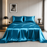 Yalamila Satin Sheet Set Queen Size, Blue 4 Pcs, Luxury Cooling Silky Soft 4 Pieces Bed Sheet Set with Deep Pocket Fitted Sheet, Flat Sheet and 2 Pillowcase for