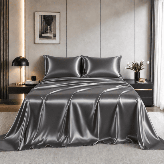 Yalamila Satin Sheet Set Queen Size, Grey 4 Pcs, Luxury Cooling Silky Soft 4 Pieces Bed Sheet Set with Deep Pocket Fitted Sheet, Flat Sheet and 2 Pillowcase for Hair and Skin