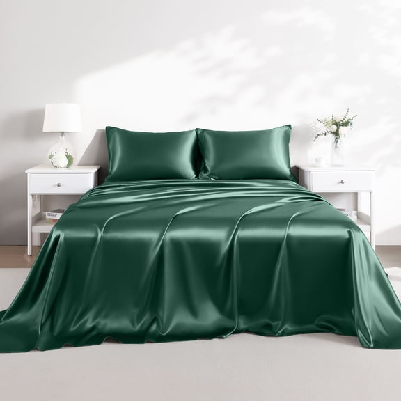 Yalamila Satin Sheet Set Queen Size, Green 4 Pcs, Luxury Silky Soft 4 Pieces Bed Sheet Set with Deep Pocket Fitted Sheet, Flat Sheet and 2 Pillowcase for Hair and Skin