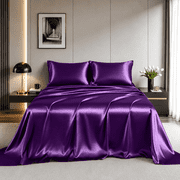 Yalamila Satin Sheet Set Queen Size, Purple 4 Pcs, Luxury Cooling Silky Soft 4 Pieces Bed Sheet Set with Deep Pocket Fitted Sheet, Flat Sheet and 2 Pillowcase f