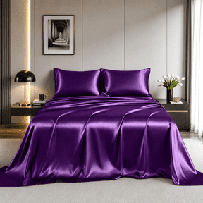 Yalamila Satin Sheet Set Queen Size, Purple 4 Pcs, Luxury Cooling Silky Soft 4 Pieces Bed Sheet Set with Deep Pocket Fitted Sheet, Flat Sheet and 2 Pillowcase for Hair and Skin