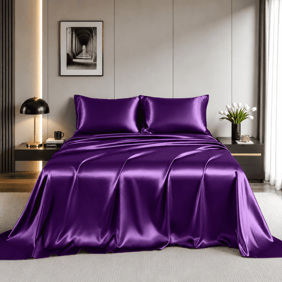 Yalamila Satin Sheet Set Queen Size, Purple 4 Pcs, Luxury Cooling Silky Soft 4 Pieces Bed Sheet Set with Deep Pocket Fitted Sheet, Flat Sheet and 2 Pillowcase for Hair and Skin