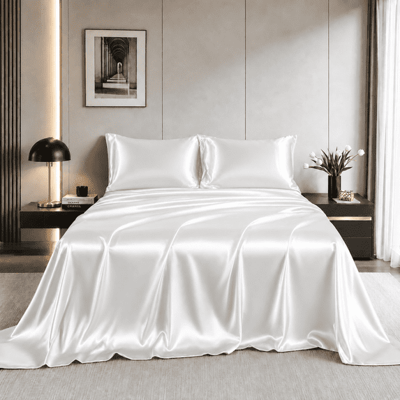 Yalamila Satin Sheet Set Queen Size, White 4 Pcs, Luxury Cooling Silky Soft 4 Pieces Bed Sheet Set with Deep Pocket Fitted Sheet, Flat Sheet and 2 Pillowcase for Hair and Skin