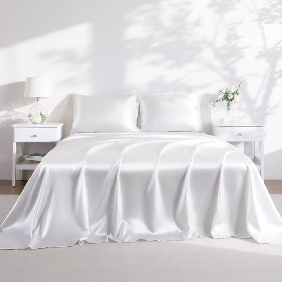 Yalamila Satin Sheet Set Queen Size, White 4 Pcs, Luxury Silky Soft 4 Pieces Bed Sheet Set with Deep Pocket Fitted Sheet, Flat Sheet and 2 Pillowcase for Hair and Skin