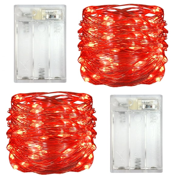 Yalilong 2 Pack with Timer Function Battery Operated Dewdrop Led Lights,Mini Fairy Lights for Home Parties Christmas/Halloween Holiday Decoration,6 Hours on/18 Hours Off,30 LEDs,10 Feet (Red)
