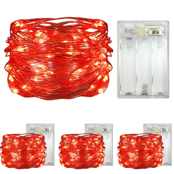 Yalilong 4 Pack with Timer Function Battery Operated Dewdrop Led Lights,Mini Fairy Lights for Home Parties Christmas/Halloween Holiday Decoration,6 Hours on/18 Hours Off,30 LEDs,10 Feet (Red)