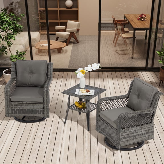 Yalissey 3PCS Outdoor Swivel Gliders Set with Table, 360-Degree Swivel Rocker Lounge Chair,Wicker Bistro Furniture Set(Light Grey)