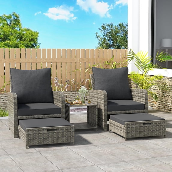 Yalissey 5 Pieces Wicker Patio Furniture Set , Patio Bistro Set with Ottoman and Table for Garden, Poolside, Backyard (Grey)