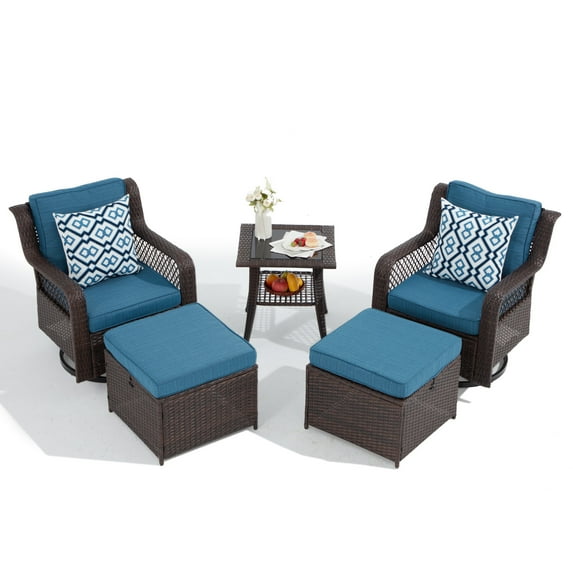 Yalissey 5PCS Outdoor Swivel Gliders Set with Ottoman Table, 360-Degree Swivel Rocker Lounge Chair,Wicker Bistro Furniture Set(Blue)