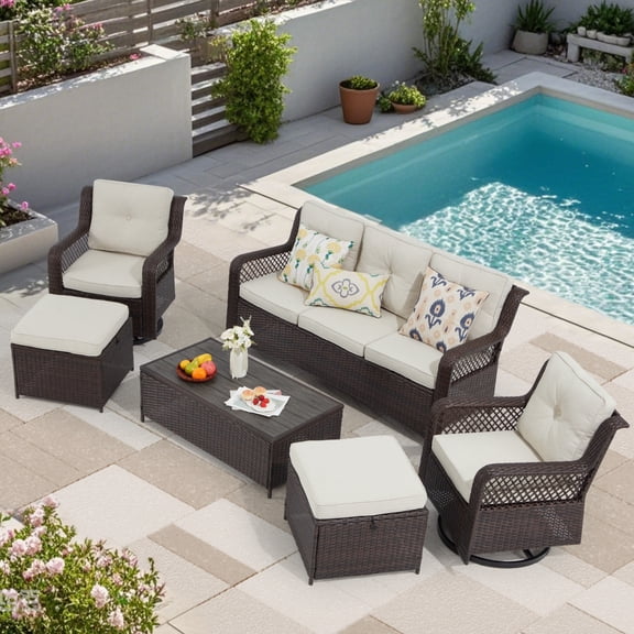 Yalissey 6PCS Outdoor Swivel Gliders Set with Ottoman HDPE Table, 360-Degree Swivel Rocker Lounge Chair,Wicker Bistro Furniture Set(Beige,Brown Rattan)