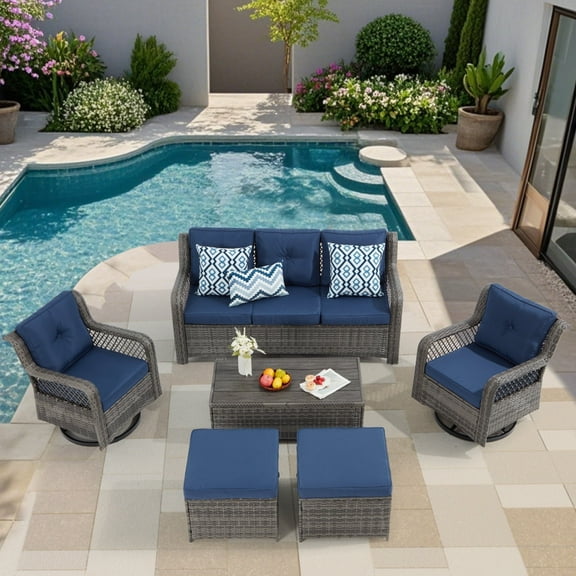 Yalissey 6PCS Outdoor Swivel Gliders Set with Ottoman HDPE Table, 360-Degree Swivel Rocker Lounge Chair,Wicker Bistro Furniture Set(Beige,Grey Rattan)
