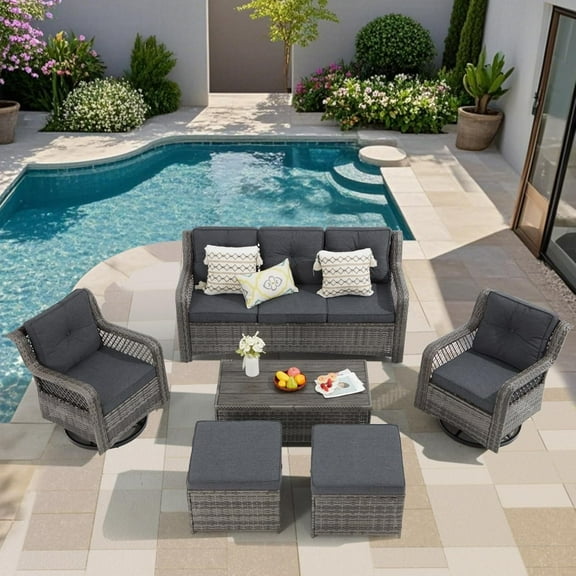 Yalissey 6PCS Outdoor Swivel Gliders Set with Ottoman HDPE Table, 360-Degree Swivel Rocker Lounge Chair,Wicker Bistro Furniture Set(Grey,Grey Rattan)