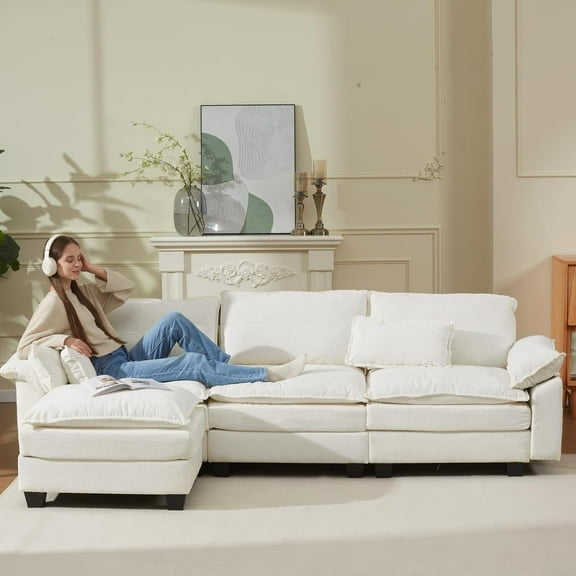 Yalissey Cloud Couch Sectional with USB, Movable Ottoman, 3-Layer, Modern Chenille Fabric, 24in Depth