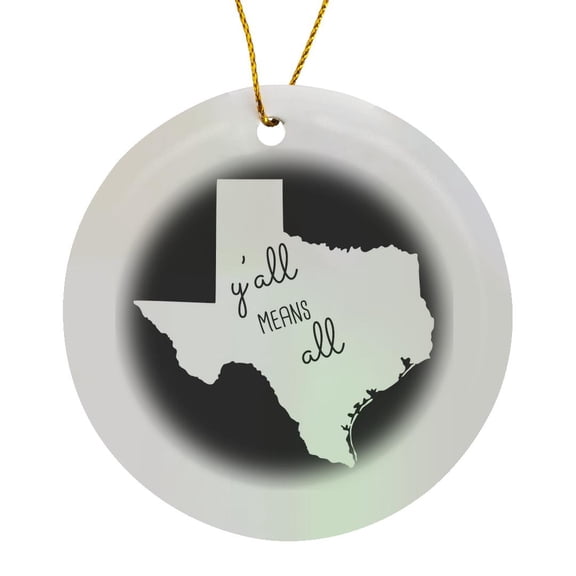 3drose, Yall Means All Written Inside the State of Texas. White on Black., Circle Porcelain Ornament
