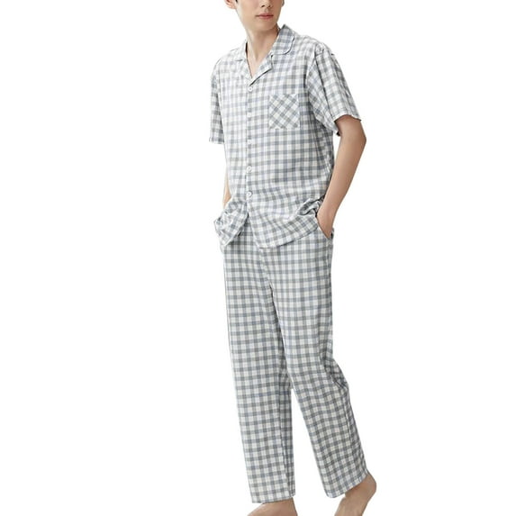 Yaltungu 2 Piece Sets for Men Pajamas Short Sleeve Button down Shirts Pants Comfy Sleepwear Outfits Pockets Plaid