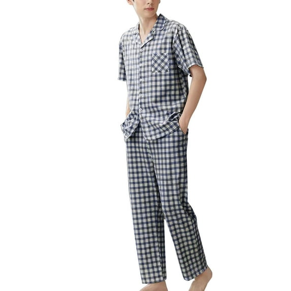 Yaltungu 2 Piece Sets for Men Pajamas Short Sleeve Button down Shirts Pants Comfy Sleepwear Outfits Pockets Plaid