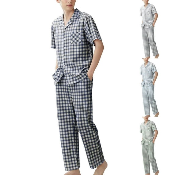 Yaltungu 2 Piece Sets for Men Pajamas Short Sleeve Button down Shirts Pants Comfy Sleepwear Outfits Pockets Plaid