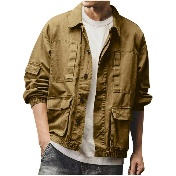 Yaltungu Jackets for Men Cargo Button down Loose Casual Outdoor Camping Fishing Outwear with Multi Pockets