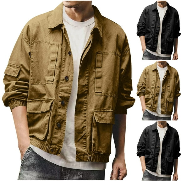 Yaltungu Jackets for Men Cargo Button down Loose Casual Outdoor Camping Fishing Outwear with Multi Pockets