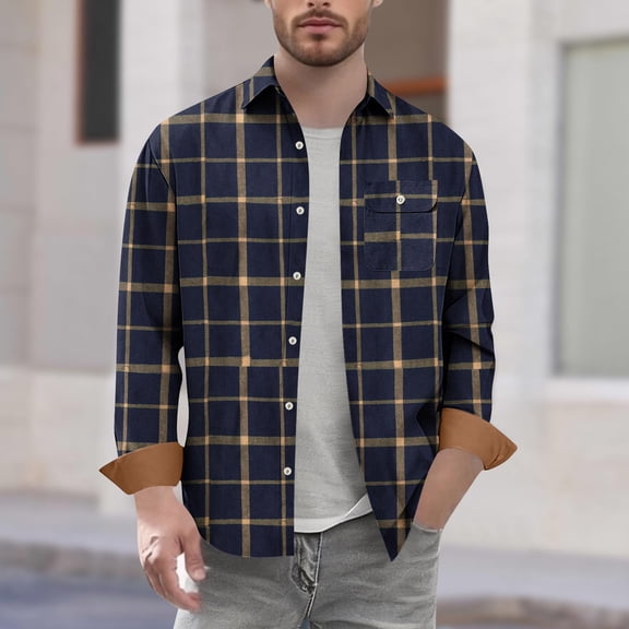 Yaltungu Long Sleeve Shirts for Men Plaid Lapel V Neck Button down Work Shirts Business Casual TopsM