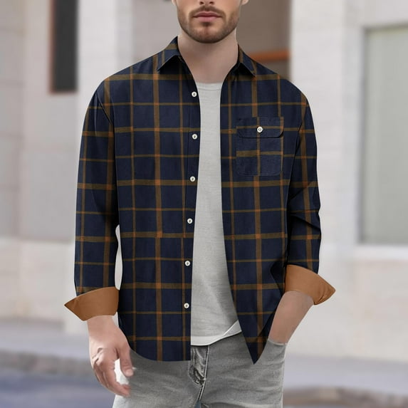 Yaltungu Long Sleeve Shirts for Men Plaid Lapel V Neck Button down Work Shirts Business Casual TopsM