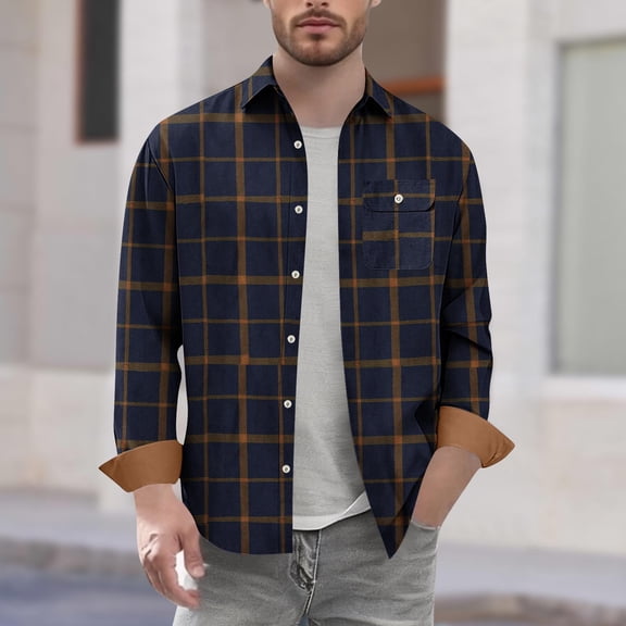Yaltungu Long Sleeve Shirts for Men Plaid Lapel V Neck Button down Work Shirts Business Casual TopsXL