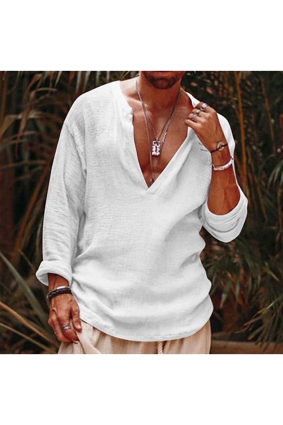 Long Sleeve Tops for Men Deep V Neck Drop Shoulder Loose Shirts Casual Solid Color Work Tops，White