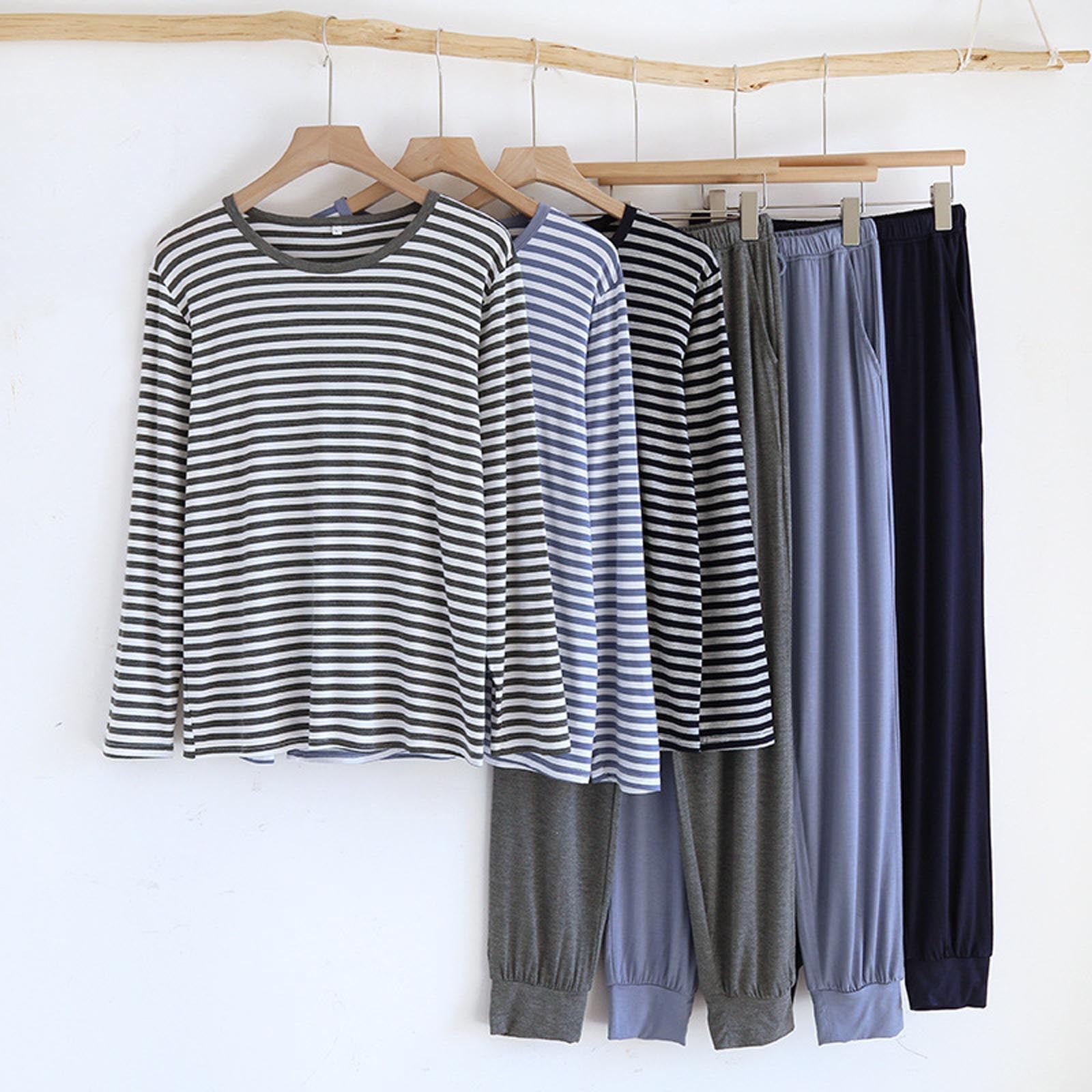 Lounge Sets for Men Pajamas Round Neck Shirts Ruched Pants Comfy Casual Sleepwear Outfits Striped