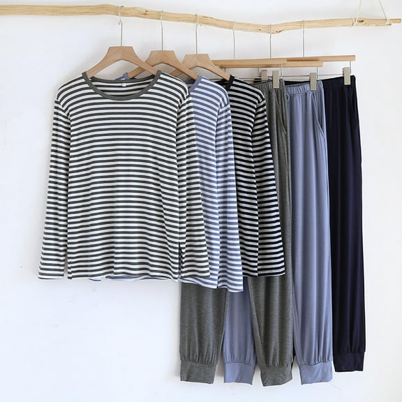Yaltungu Lounge Sets for Men Pajamas Round Neck Shirts Ruched Pants Comfy Casual Sleepwear Outfits Striped