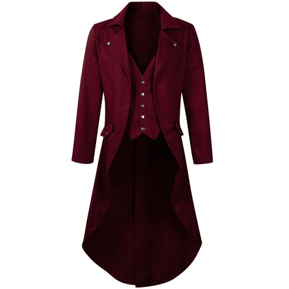 Yaltungu Mens Gothic Tailcoat Jacket Trench Coat Button up Fitted Vintage Medieval Frock Costume Long Coat