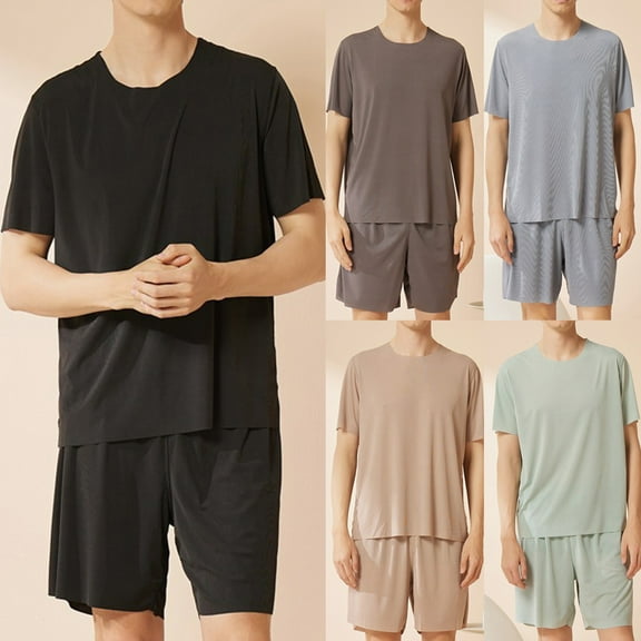 Yaltungu Mens Pajama Sets Crew Neck Tshirts Shorts Thin Comfy Homewear Casual 2 Piece Outfits Solid Color