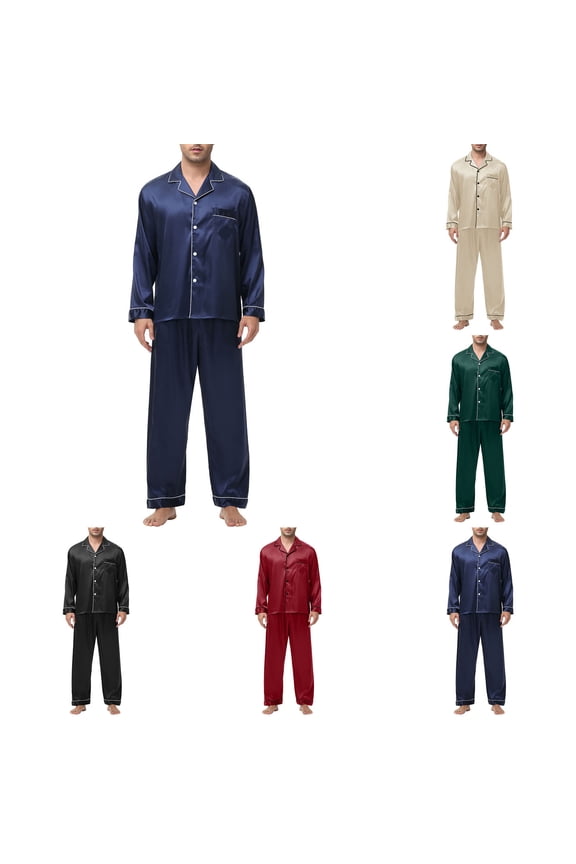 Mens Pajamas Sets Pants Button down Long Sleeve Shirts with Pocket Loose Casual Sleepwear Fall Outfits