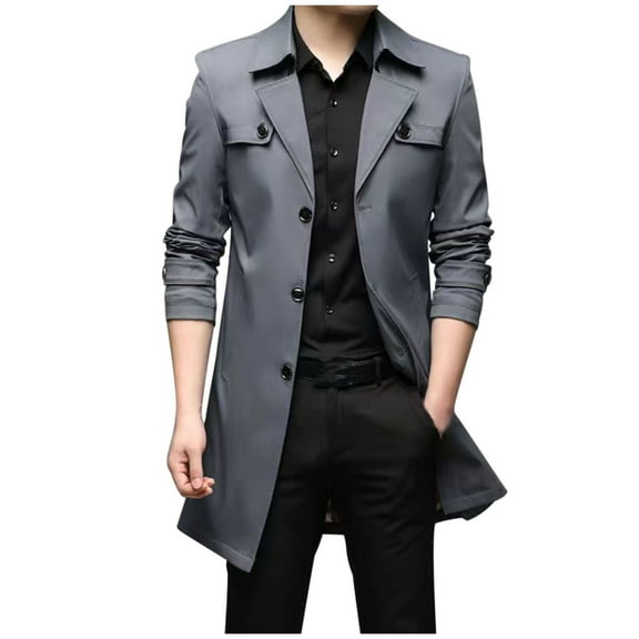 Yaltungu Mens Windbreaker Jacket Button Notched Lapel Slim Outwear Casual Elegant Long Trench Coat Fall Winter