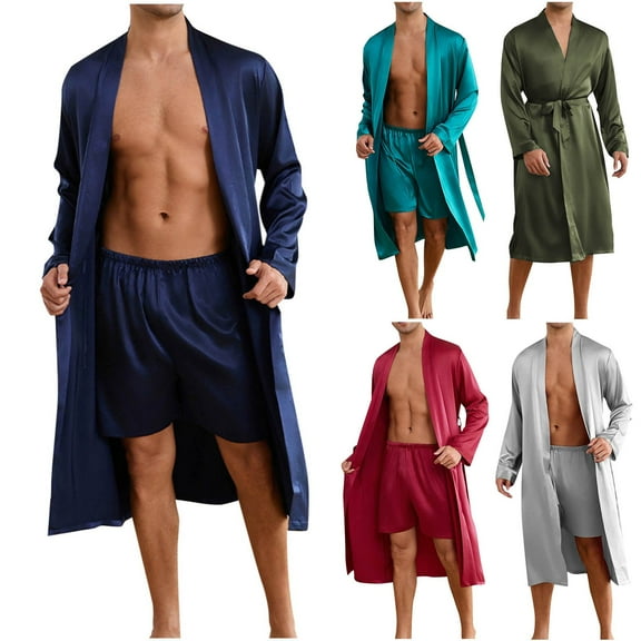 Yaltungu Pajamas Sets for Men Long Sleeve Belt Bathrobe Shorts Comfy Loose Casual Loungewear Outfits Fashion