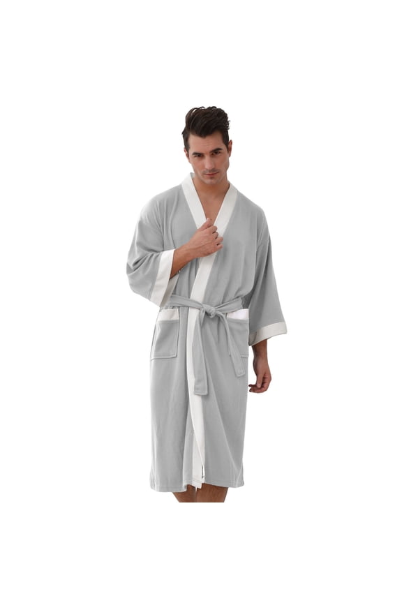 Robe for Men V Neck Spa Robes Comfy Casual Loose Nightwear Long Sleeve Bathrobe with Pockets