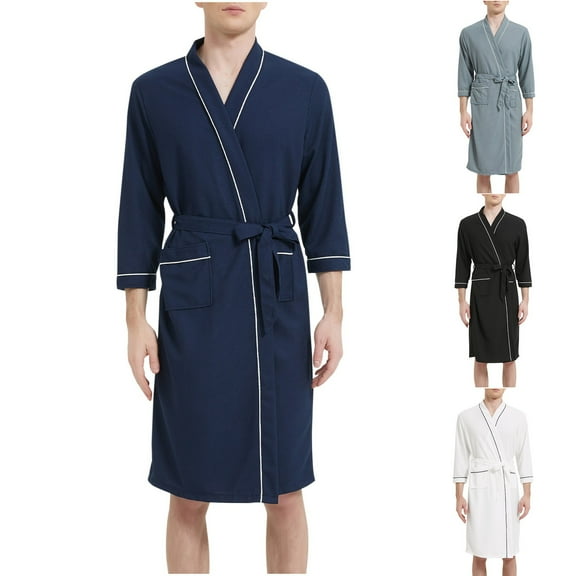 Yaltungu Robes for Men Textured Pajamas Loose Knee Length Tie Front Long Sleeve Bathrobes Casual Sleepwear Pockets