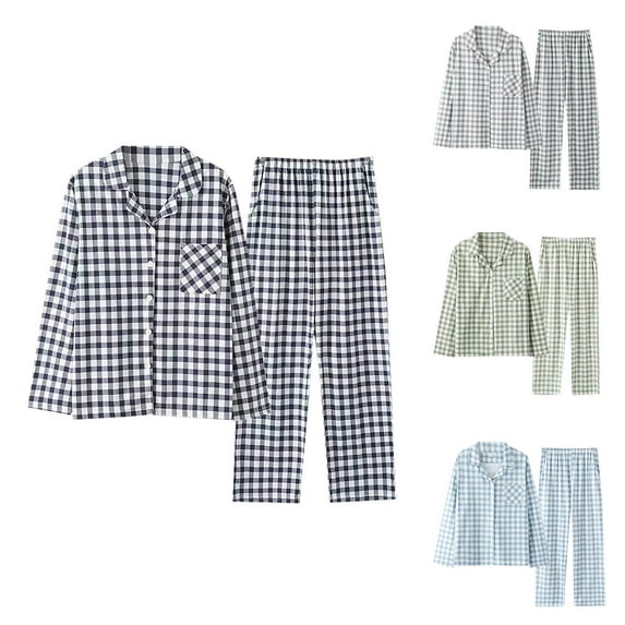Yaltungu Two Piece Sets for Men Plaid Long Sleeve Button down Shirts Pants Comfy Pajamas Outfits with Pockets