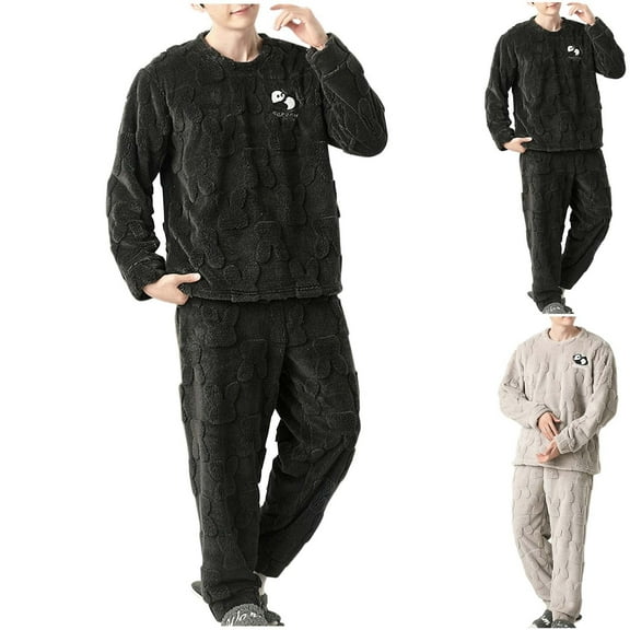 Yaltungu Winter Pajamas for Men 2 Piece Sets Long Sleeve Tops Pants Loose Fleece Warm Comfy Casual Sleepwear Outfits