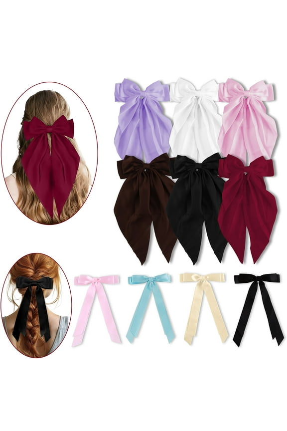 10 PCS Hair Bows for Women, Big Hair Bows for Girls Silky Satin Hair Barrettes Oversized Hair Ribbon Bow Hair Clips with Long Tails Hair Accessories for Women Girls