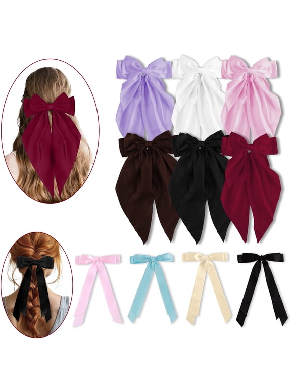 10 PCS Hair Bows for Women, Big Hair Bows for Girls Silky Satin Hair Barrettes Oversized Hair Ribbon Bow Hair Clips with Long Tails Hair Accessories for Women Girls