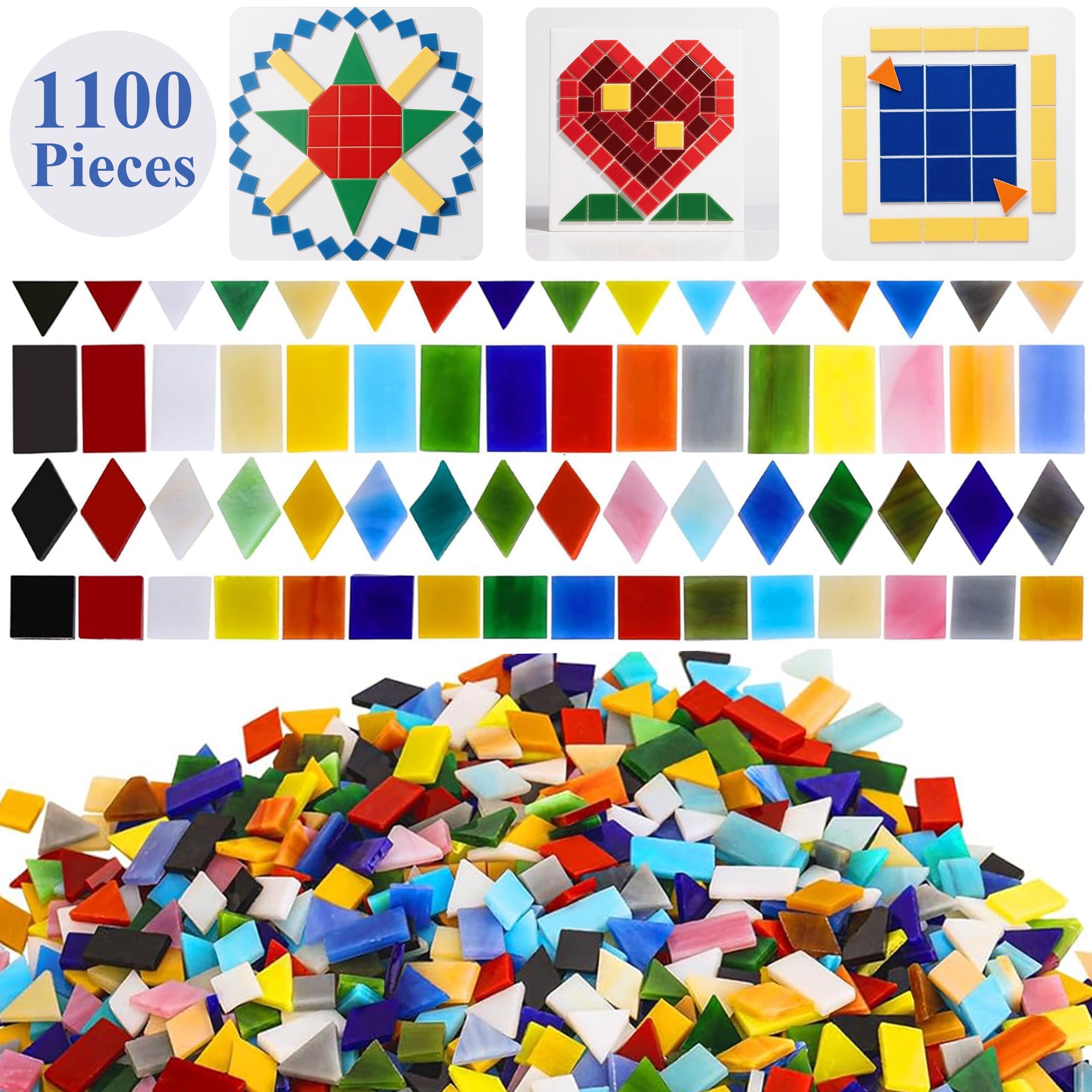 Yalumo 1100 Pieces Mosaic Tiles, Glass Mosaic Tiles for Crafts Bulk, Mixed Shapes Stained Glass Mosaic Pieces, Mosaic Kit for Adults Art Craft, DIY Projects, Home Decoration, Opaque