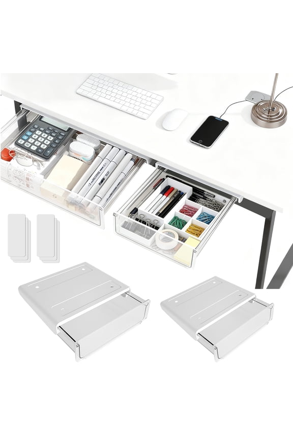 2 Pack Under Desk Drawer Organizer, Large & Small Slide Out Under Desk Storage Drawer Self-Adhesive Under Table Hidden Drawer for Office Home Dresser Stationery Kitchen (White)