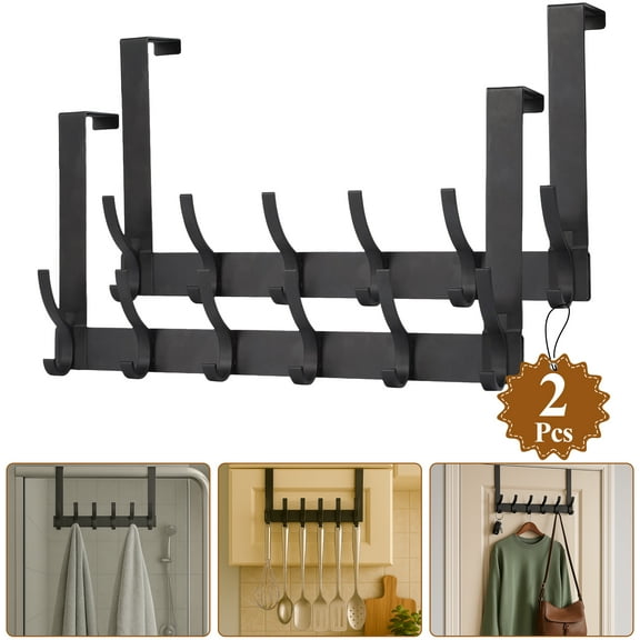 Yalumo 2 Pack Over The Door Hooks, Over The Door Towel Racks for Bathroom with 12 Hooks, Door Hanger Hooks for Hanging, Over The Door Coat Hanger Rack for Hanging Clothes Coats Towels Hat, Black