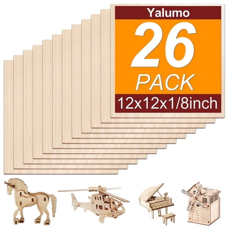Yalumo 26 Packs Basswood Sheets, 12 x 12 x 1/8 Inch Plywood Sheets Unfinished Wood for Crafts 3mm Thick Basswood for Precision Cutting DIY Architectural Models, Wood Engraving, Wood Burning, Painting